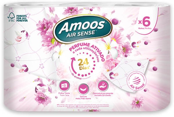 PAPEL HIGIENICO AMOOS AIRSENSES PERFUMADO 3 CAPAS 6 ROLLOS