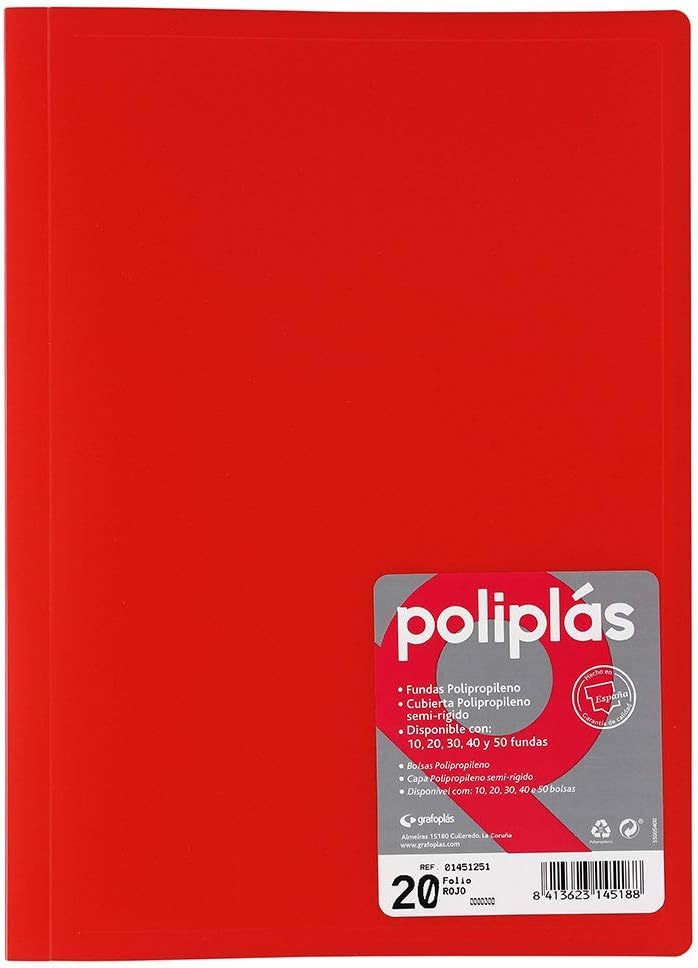 CARPETA POLIPLAS FUNDAS POLIPROPILENO ROJO 10 FUNDAS ROJO 20 FUNDAS ROJO 30 FUNDAS 