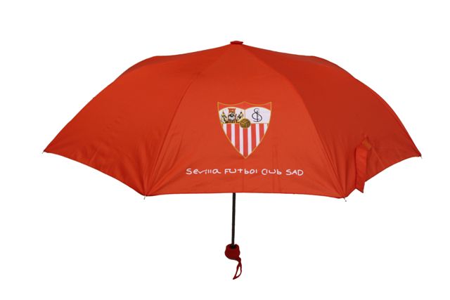 Paraguas plegable rojo con escudo del Sevilla Fútbol Club