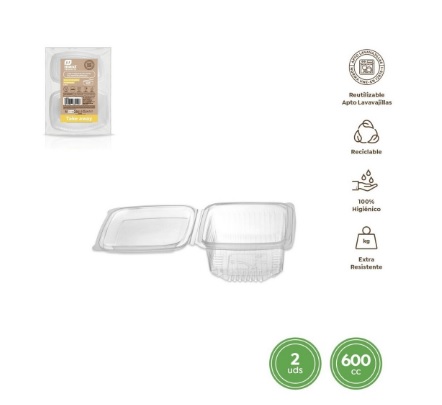 ENVASE BISAGRA RECTANGULAR REUTILIZABLE 600CC 2UD