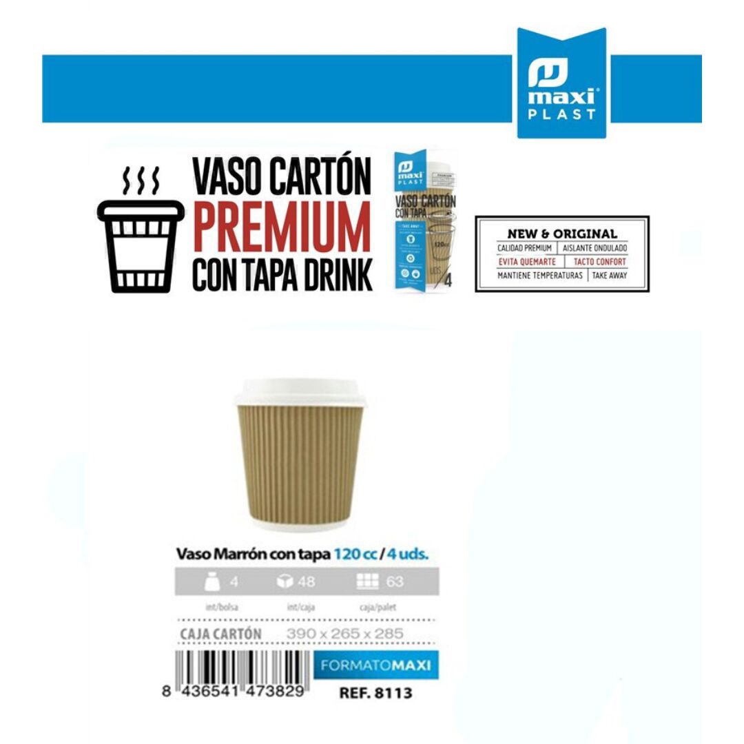 VASO CARTON PREMIUM CON TAPA MARRON 120 cc.