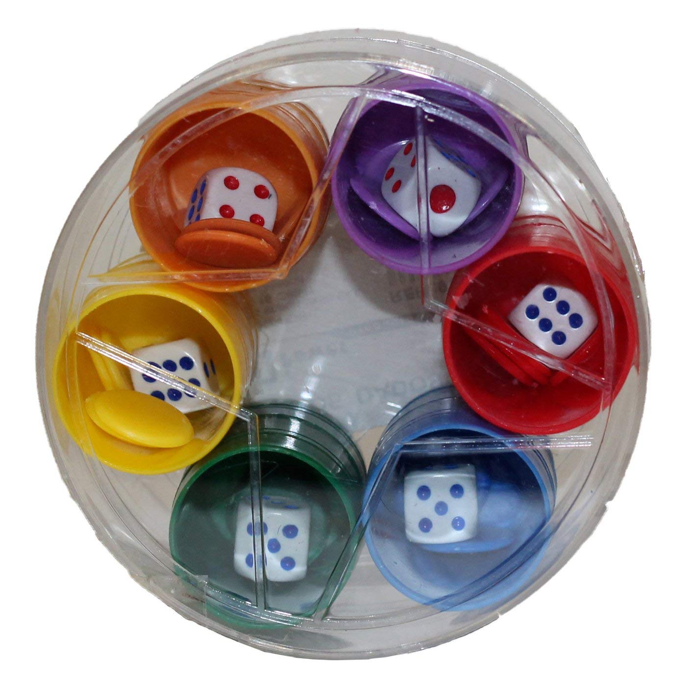 Set completo de 6 cubiletes de plástico, parchis, juego de mesa,  multicolor, fichas, dados, cubiletes dimensiones 4.5 x 2.5 cm.